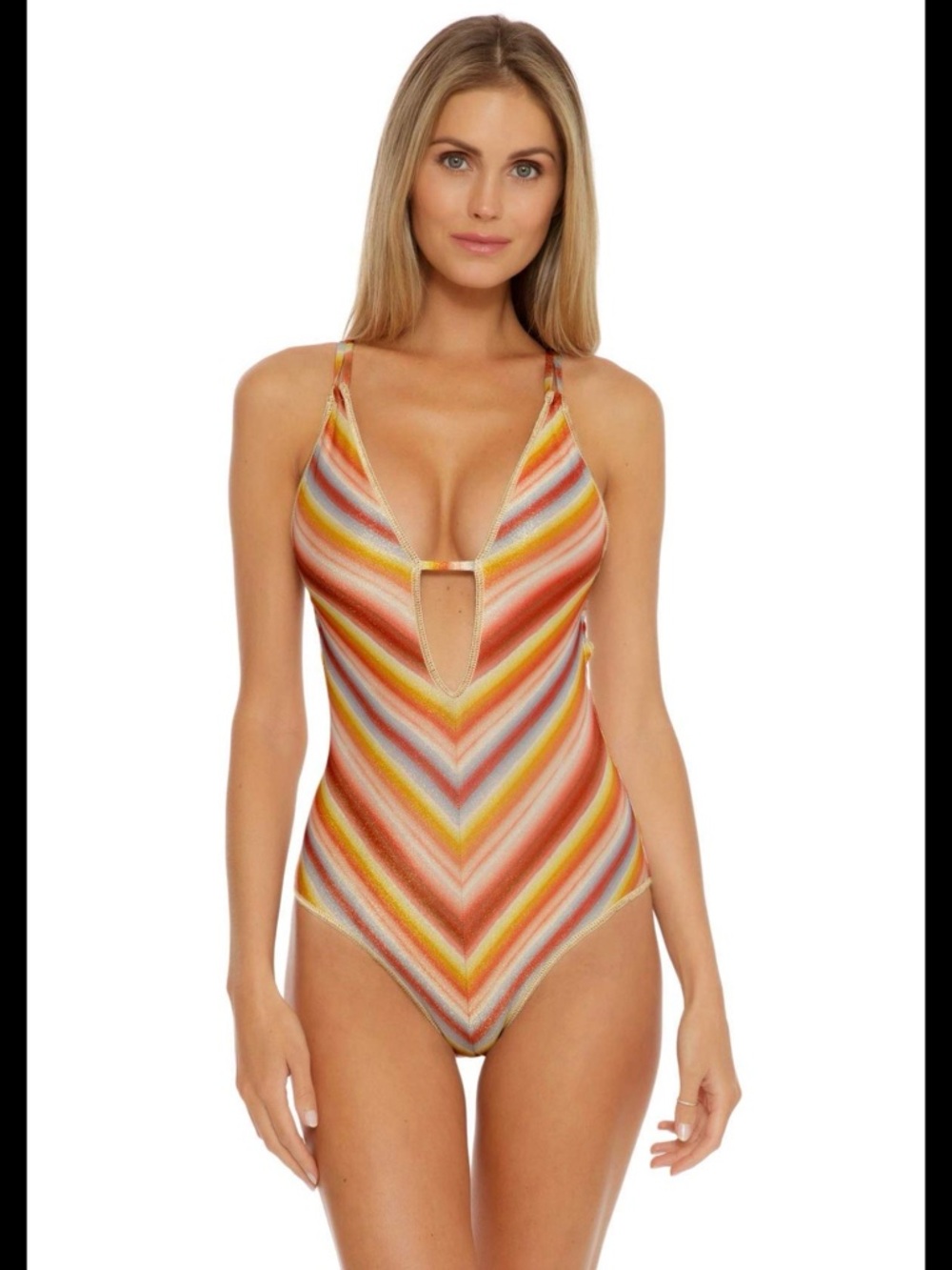 Becca - Striped V-Plunge One-Piece Swimsuit in Sunset Colors